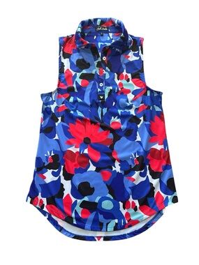 Bad Birdie Blue Multi Floral Sleeveless Polo Top